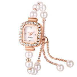 Silverora Women's Watches Pearls Rhinestone Glitter: Small Analogue Quartz Watch Women's Sparkling Diamante Wristwatches with Adjustable Artificial Pearl Bracelet Gifts for Women Girls, Rose Gold