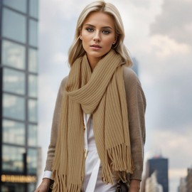 Anjing Women's Scarf with Fringes, Cashmere Feel Scarves, Cuddly Warm Winter Scarf, Thick, Plain, Khaki, khaki