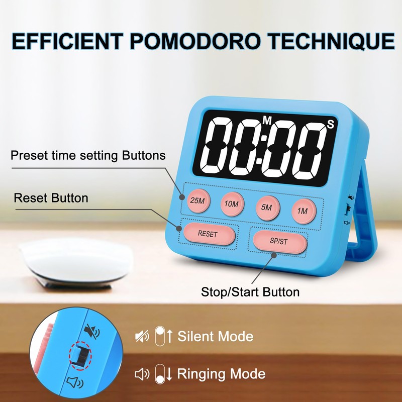 Pomodoro Timer for Kids, Digital Productivity Timer with Loud Alarm,