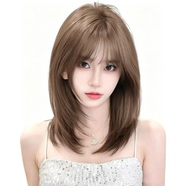 Half Long Wig, Straight, Medium Layer, Full Wig, Wig, Wig, Black Hair, Women's, Natural, Small Face, Heat Resistant, Synthetic Hair, Smooth, Everyday Use, Net Included, Flax Brown, 14.2 inches (36 cm)