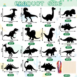 64 Pcs Dinosaur Theme Scratch Cards Rainbow Scratch Paper Dinosaur Crafts Art Card Kit DIY Scratch Dinosaur Paper with 64 Pcs Wood Stylus and 64 Pcs Ribbon for Classroom Craft Birthday Party Supplies