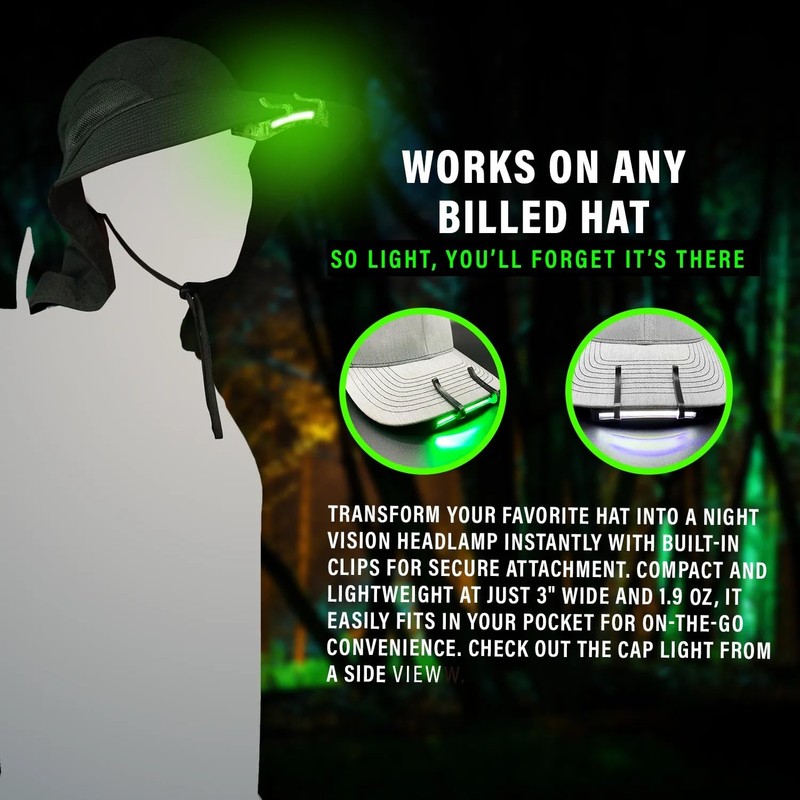 MODERN NEEDS Night Vision Cap Light –Compact, Clip-On Hat Flashlight