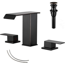 Oil Rubbed Bronze Waterfall Bathroom Faucet Widespread GGStudy 3 Holes 2 Handle Black Modern Bathroom Sink Faucet with Pop Up Drain