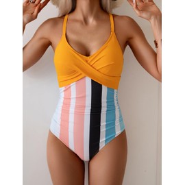 B2prity Women's One Piece Swimsuits Tummy Control Front Cross Bathing Suits Tie Back Slimming V Neck Swimwear