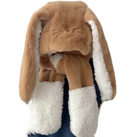 Women Cute Rabbit Ear Plush Beanie Cap Outdoor Fluffy Bunny Hat Scarf Set Indoor Warm Thick Fleece Animal Hoodie