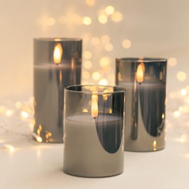 ANGELLOONG Grey Fake Candles Battery Operated, Flickering Flameless Candles with Timer and Remote, Glass LED Electric Pillar Candles Set of 3 for Home Coffee Table Bathroom Decor