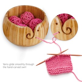 JasCherry Handmade Wood Yarn Storage Bowl Knitting Crochet Accessories - Crafted Wooden Weaving Thread Bowl with Carved Holes and Drills Holes #3