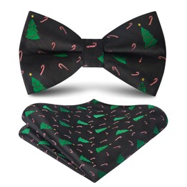 HISDERN Christmas Ties for Men Xmas Tree Mens Bow Ties & Pocket Square Set Pretied Black Bowtie Funny Holiday Festival Clip On Bow with present Box