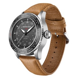 NORTH EDGE Men's Leisure Watch Men's Solar Quartz Mineral Glass Leather Strap, brown, Strap.