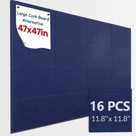 Large Cork Boards for Walls 47"X 47"- 16 Packs 11.8"X11.8" Felt Wall Tiles with Safe Removable Adhesive Tabs Felt Board Notice Board Corkboard Tiles Pin Board Alternative for Office - Dark Blue