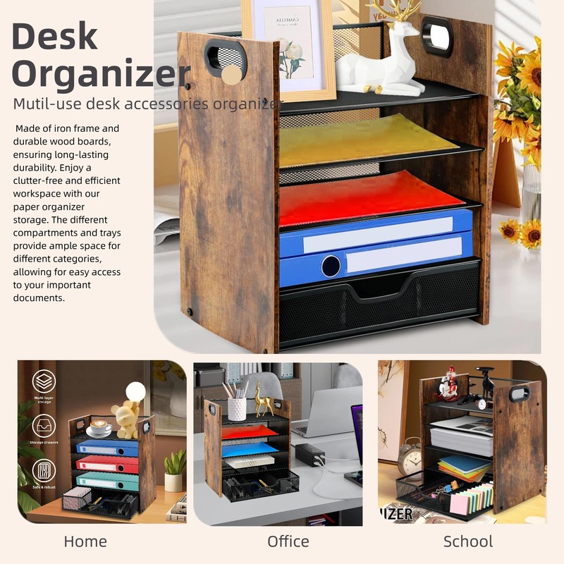 Boershun Wood Desk Organizer - 5-Tier Desktop File Organizer with