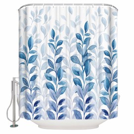 Blue Leaves Shower Curtain Set with Hook 36" x 78",Washable Cloth Polyester Fabric Shower+Curtain,Waterproof Bath Curtains for Bathroom,Showers,Bathtubs Decor Modern White Watercolor Botanical Plant