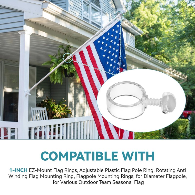 6 Pack 1-Inch EZ-Mount Flag Rings, Adjustable Plastic Flag Pole