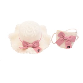 Toddler Baby Girl Straw Hat Matching with Mini Purse Bag Set Summer Beanie Cap Sun Protection Beach Hats (Bowknot-White)