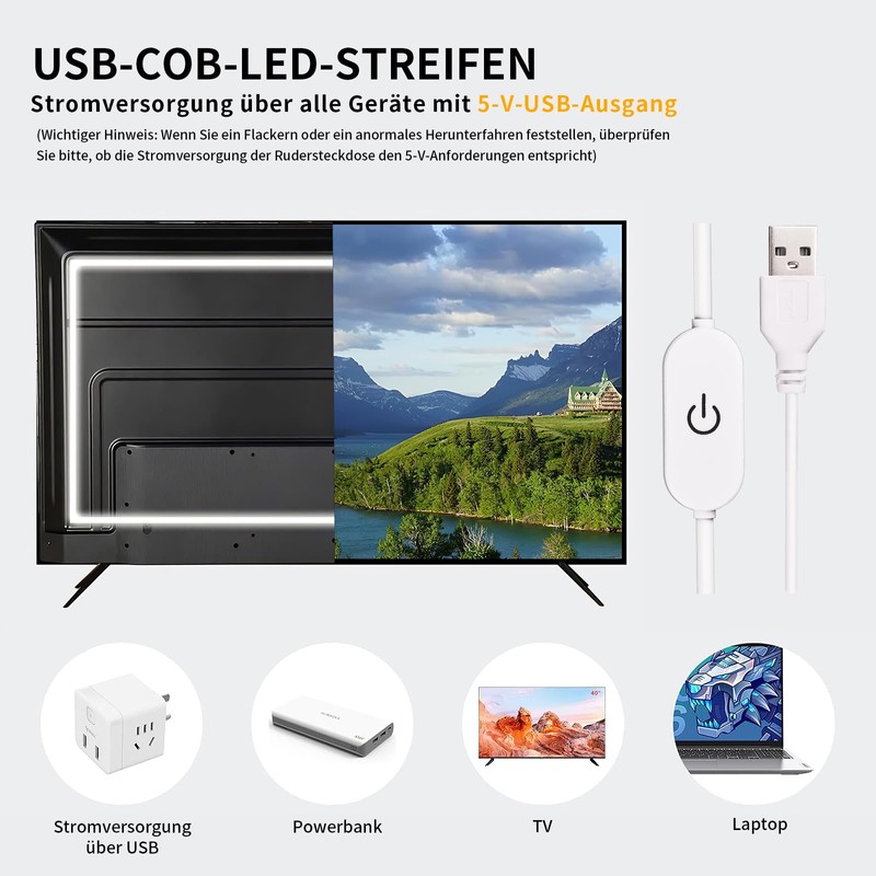 THUNGCIT COB LED Strip Light, 5V USB Band, 320LEDs/m, Dimmable