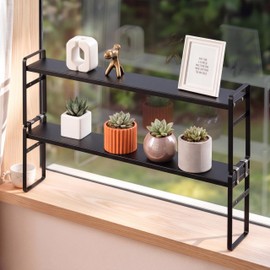 BrightRow 2 Pcs 3.5" W Expandable Window Sill Plant Shelf, 13.7" to 23.6" L, Supports up to 30 lbs, Stackable & Adjustable Height Metal Shelf for over Sink, Kitchen - Flowers, Succulents (Black)
