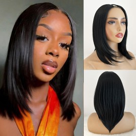 LEOSA V Part Wig Black Straight Layered Haircut Wig Short Bob Half Wigs for Black Women 14 Inch Clip in Glueless Natural Looking Heat Resistant Synthetic Hair Replacement Wig