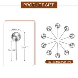 uxcell 400 Pcs Push Pins, Map Thumb Tacks 6mm Round Head Decorative Push Pins for Bulletin Board Home Office Travel Wall DIY Crafts Map Photo, Silver