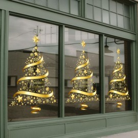 Rchovsam Golden Christmas Tree Window Clings Stickers for Glass Large Gold Xmas Tree Window Stickers Large DIY Static Wall Window Door Mural Showcase Decal Sticker - 18x24 Inches