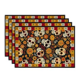 Artoid Mode Sugar Skull Mexican Floral Day of The Dead Placemats Set of 4, 12x18 Inch Dia De Los Muertos Table Mats for Party Kitchen Dining Decoration