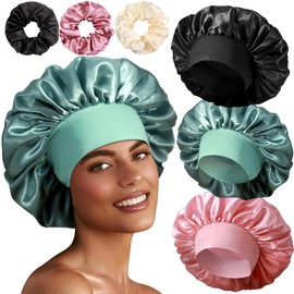 3+3 Large Satin Bonnets with Scrunchies for Women, Wide Band Hair Bonnet for Sleeping Braids Curly Hair, A