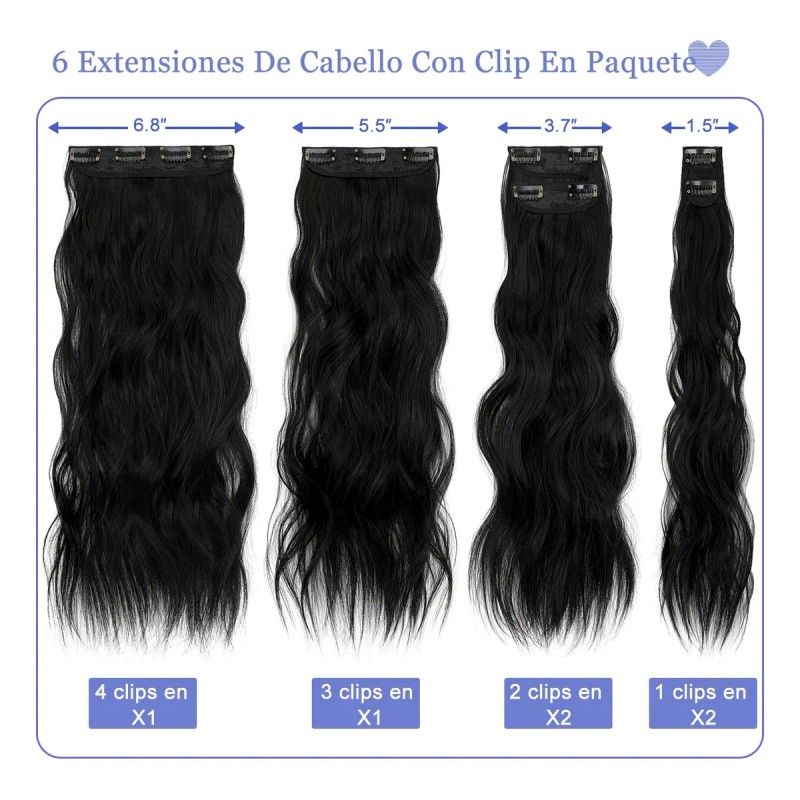 Extensiones De Cabello Con Clip, 6 Piezas, Cabeza Completa