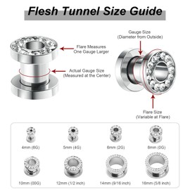 Ayoiow 2Pcs Stainless Steel Gauges Plugs, Silver Mens Gauges 0 with Cubic Zirconia Tunnels and Plugs for Ears