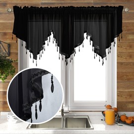Huierxun 3 Piece Beaded Triangle Sheer Valance Curtains for Windows Kitchen Living Room Bathroom Bedroom Voile Sheer Rod Pocket Short Window Valance Curtains (Black,51"x24")