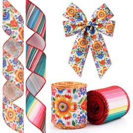 Glodecart 2 Rolls Mexican Ribbon Wired for Wreath Bow Wrapping Gifts, Serape Mexican Day of the Dead Ribbon for Gift Wrapping Party Decoration DIY Craft, 2.5" X 10yd Flower Dia de Muertos Wired Ribbon