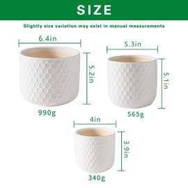 Docrin Plant Pots Indoor with Drainage: 6.4+5.3+4 Inch Ceramic Flower Pots for Plants - Set of 3 Modern Decorative Planters for House/Office/Gift - White Honeycomb