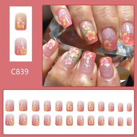 24Pcs Pink French Tip Press on Nails Short Square Fake Nails Yellow Flower Design Spring Summer False Nails Full Cover Artificial Glue on Nails Cute False Nails Stick on Nails for Women Nail Supplies