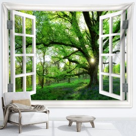 Hoisy Tapestry Forest Small Wall Towel Green 150 x 130 cm Forest Landscape Tapestry Window View Nature