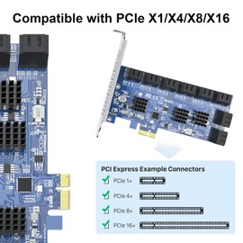 10Gtek 16 Port PCIe SATA Card, SATA3.0 Expansion Card, X1, with 16 SATA Cable, Support SSD and HDD
