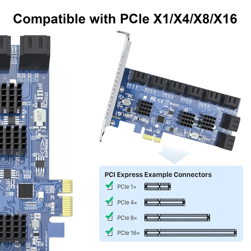 10Gtek 16 Port PCIe SATA Card, SATA3.0 Expansion Card, X1,