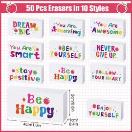50 Pcs Inspirational Pencil Erasers White Motivational Eraser for Kids Fun Erasers Bulk for Students Teachers Prize Reward Back to School Office Supplies