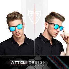ATTCL Men's Polarised Sunglasses Al-Mg Ultra Light Metal Frame UV400 CAT 3 CE, Black Frame + Blue Lens/Mirrored