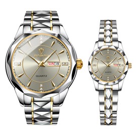 JewelryWe Couple Watches Gift Set: Romantic Pair His and Hers Wrist Watches Gray Analog Quartz Dress Waterproof Luminous Calendar Casual Men Women Lovers Wedding Wristwatch