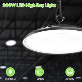 Glitgate High Bay LED Shop Lights 200W - 28000LM 5000K High Bay Light, IP65 Waterproof with US Plug, Hanging Hook, 2 Pack Commercial Bay Lights for Barn, Warehouse ETL Listed