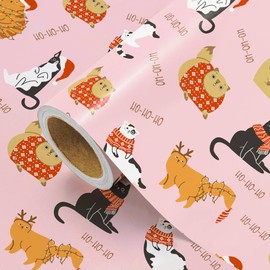 WRAPAHOLIC Cat Christmas Wrapping Paper - Mini Roll - 17 Inch x 16.5 Feet - Adorable Kitty Cat Wrapping Paper with Ho - Ho - Ho Design for Christmas Holiday, Party Celebration
