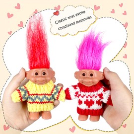 2 PCS Retro Lucky Troll Dolls in Hand-Knit Sweaters - Colorful, Adorable, Great for Collections, School Projects, Crafts & Party Favors (red&Yellow)