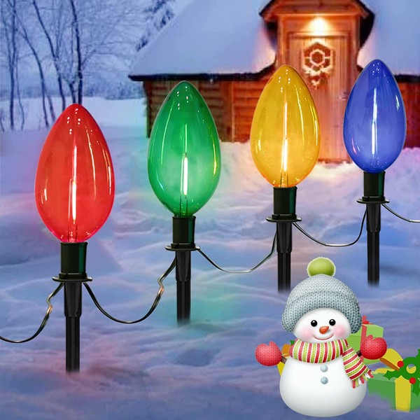 SUNSGNE C9 Christmas Pathway Lights Outdoor Christmas Marker Stake Lights with 4 Jumbo C9 Clear Multicolored LED Bulbs, 7Ft Christmas Yard Lights for Outside Xmas Walkway Driveway Lawn Decor