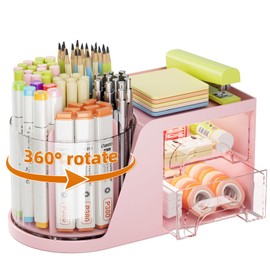 Marbrasse Desk Organizer with 2 Drawer, 360°Rotating Pen Holder for Desk, Desk Organizers and Accessories with 6 Slots Pencil Organizer + 2 Drawer, Art Supply Storage Box Caddy for Office (Pink)