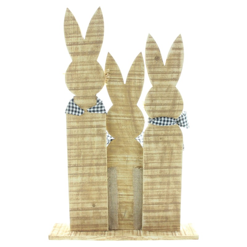 FRANK FLECHTWAREN Easter Decoration, Rabbit Trio, Chequered Look, Wood, Textile,