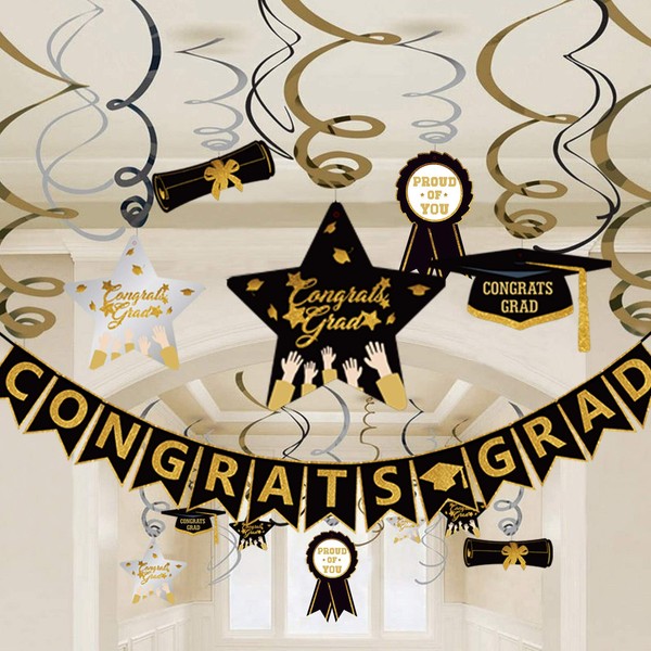 Graduation Hanging Swirl Banner Decorations, Black Gold Silver Star Banner Garland Party Supplies for Class of 2021