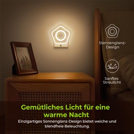AUVON AUVON Sun-glow Nachtlicht Steckdose mit Bewegungssensor, 2 Stck Warmwei?es LED Nachtlicht mit 1-50 lm, Helligkeit Einstellbar fr Kinderzimmer, Schlafzimmer, Gang, Kche (Stern)