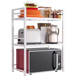 DOLALIKE Microwave Oven Rack, Expandable Microwave Stand Countertop Kitchen Utensils Tableware Storage, Carbon Steel Over Microwave Shelf Countertop 3 Tier with 3 Hooks