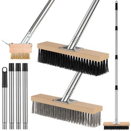 fshihine 3-in-1 Deck Brush Kit, Heavy Duty Stainless Steel Wire & Floor Scrub Brush with Long Handle, Crack Weeder Tool, Stiff Bristle Scrubber Broom for Tough Stains on Deck Concrete Garden Garage