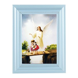 Guardian Angel Picture Framed Wall Art Decor, Small, Pearlized Fluted Baby Blue Frame with Beaded Lip