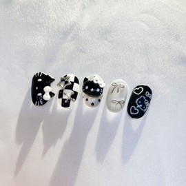 2+1 Event Black Horizontal Cat Checkerboard Nail - Coffin (Long) / 2+1 이벤트  블랙 가로 고양이 체커보드 네일 - 코핀(롱)