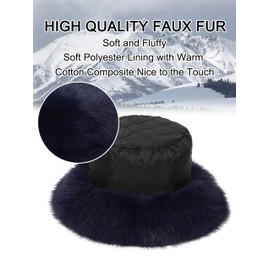 La Carrie Women's Fuzzy Wide Brim Faux Fur Bucket Hat Winter Warmer Fisherman Cap(Navy)